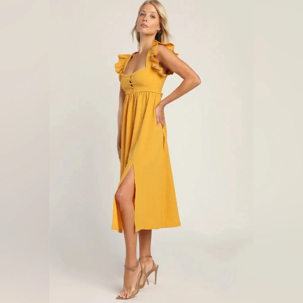 Springtime Splendor Marigold Ruffle Backless Midi Dress - Picture 2 of 5